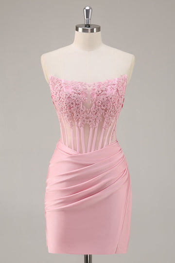 Pink Strapless Corset Beaded Short Tight Cocktail Dress
